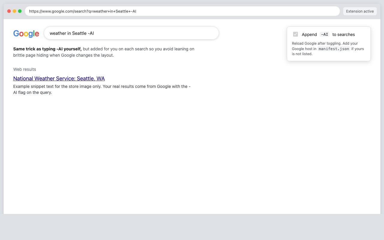 Block AI Overview rewriting a Google search to skip the AI Overview