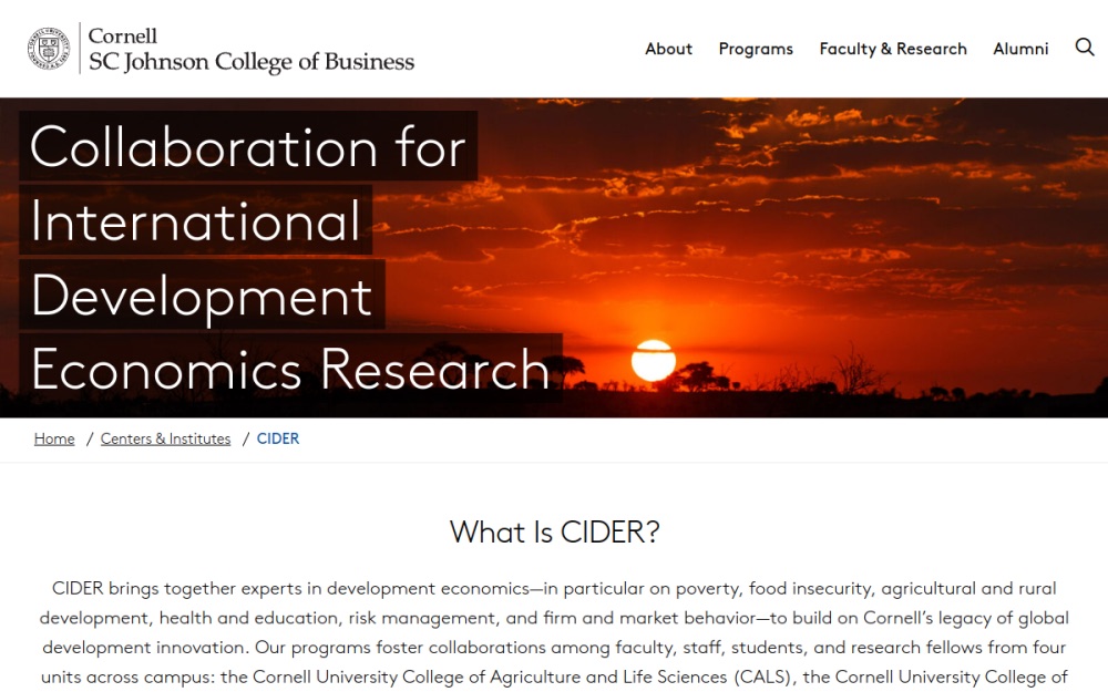 Cornell CIDER website with a savanna sunset hero image