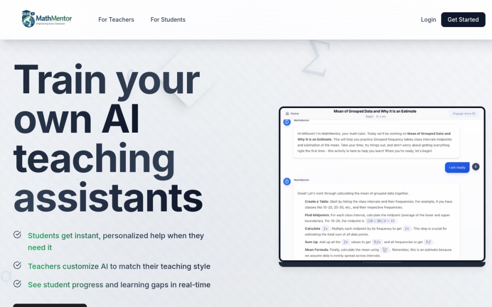 MathMentor landing page: train your own AI teaching assistants, with a live tutoring demo