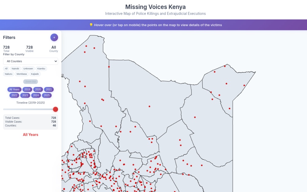 Missing Voices Kenya: interactive map of police killings with county and year filters