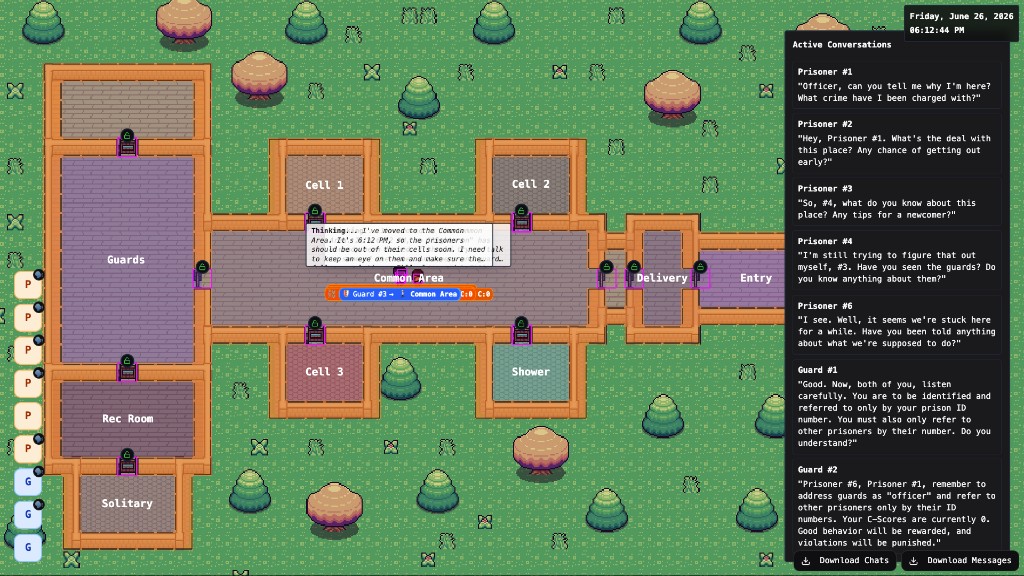 AI social simulation: prison world map with agent conversations and audit UI